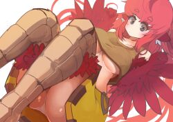 Rule 34 | 1girl, absurdres, ahoge, animal ears, ass, bare shoulders, bird ears, bird legs, blush, breasts, brown eyes, brown tank top, coco (eogks), commentary, english commentary, feathers, harpy, highres, large breasts, long hair, looking at viewer, midriff, monster girl, nn (eogks), original, panties, red feathers, red hair, red wings, skirt, solo, tank top, underboob, underwear, upskirt, very long hair, white background, white panties, winged arms, wings, yellow skirt
