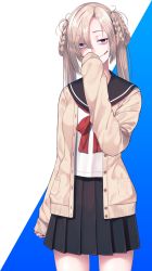 Rule 34 | 1girl, absurdres, blonde hair, braid, covering own mouth, highres, light smile, looking at viewer, nishinomiya suzu, scar, scar on face, school uniform, solo, standing, stitched face, stitches, sweater, twintails, urasekai picnic, urumi luna