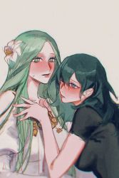 Rule 34 | 2girls, absurdres, black shirt, blue eyes, blue hair, blush, byleth (female) (fire emblem), byleth (fire emblem), chinese commentary, collarbone, commentary request, eye contact, fire emblem, fire emblem: three houses, from side, green eyes, green hair, hand on another&#039;s chest, highres, huangjin shizi, long hair, looking at another, multiple girls, nintendo, parted lips, rhea (fire emblem), shirt, short sleeves, simple background, sweatdrop, upper body, yellow background, yuri