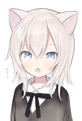 Rule 34 | 1girl, animal ears, black bow, black sweater, blue eyes, bow, capriccio, cat ears, chestnut mouth, collared shirt, commentary request, grey hair, hair between eyes, long hair, looking at viewer, open mouth, original, shirt, simple background, solo, sweater, translation request, upper body, white background, white shirt