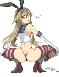 Rule 34 | 10s, 1girl, absurdres, armadillo-tokage, ass, bad id, bad pixiv id, black panties, blonde hair, brown eyes, butt crack, dress, elbow gloves, gloves, hairband, headgear, highres, kantai collection, long hair, looking at viewer, panties, red thighhighs, sailor dress, shimakaze (kancolle), simple background, solo, squatting, striped clothes, striped thighhighs, thighhighs, thong, translated, underwear, white gloves, yellow eyes