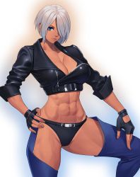 Rule 34 | 1girl, a (phrase), abs, angel (kof), black panties, bra, breasts, chaps, cleavage, commentary request, cropped jacket, dark-skinned female, dark skin, feet out of frame, fingerless gloves, gloves, gradient background, hair over one eye, highres, jacket, large breasts, leather, midriff, muscular, muscular female, ogami, panties, snk, solo, strapless, strapless bra, the king of fighters, toned, underwear, white hair