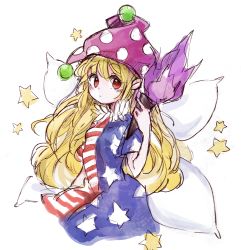 Rule 34 | 1girl, american flag dress, blonde hair, breasts, closed mouth, clownpiece, commentary request, dress, fairy wings, fire, hair between eyes, hand up, hat, holding, holding torch, jester cap, long hair, looking to the side, neck ruff, pointy ears, polka dot, purple fire, purple hat, red eyes, short sleeves, simple background, small breasts, solo, star (symbol), star print, striped clothes, striped dress, tama (hiroshige 36), torch, touhou, white background, wings