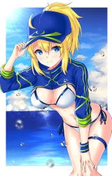 Rule 34 | 1girl, adjusting clothes, adjusting headwear, ahoge, artoria pendragon (fate), baseball cap, bikini, blonde hair, blue eyes, blue hat, blue sky, blush, border, breasts, cloud, commentary request, cowboy shot, day, fate/grand order, fate (series), hair between eyes, hand up, hat, highres, large breasts, leaning forward, long sleeves, looking at viewer, mysterious heroine x (fate), mysterious heroine xx (fate), navel, outdoors, outside border, ponytail, short hair, short ponytail, shrug (clothing), side-tie bikini bottom, sidelocks, sky, smile, solo, standing, stomach, swimsuit, thigh strap, thighs, water, water drop, white bikini, white border, yuito (yuitokobunasbs0)