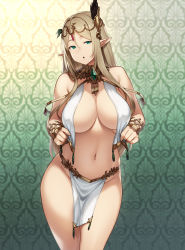 Rule 34 | 1girl, bare shoulders, blonde hair, blush, bracelet, breast curtains, breasts, circlet, cleavage, commentary, elf, gem, gradient background, green background, green eyes, hair between eyes, hair ornament, highres, houtengeki, houtengeki&#039;s elf girl, jewelry, large breasts, long hair, looking at viewer, navel, open mouth, original, pelvic curtain, pointy ears, solo, thighs