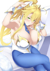 Rule 34 | 1girl, ahoge, animal ears, artoria pendragon (all), artoria pendragon (fate), artoria pendragon (swimsuit ruler) (fate), bare shoulders, blonde hair, blue pantyhose, blush, braid, breasts, cleavage, crossed legs, detached collar, fate/grand order, fate (series), feather boa, fishnet pantyhose, fishnets, french braid, green eyes, hair between eyes, highleg, highleg leotard, large breasts, leotard, long hair, looking at viewer, necktie, pantyhose, playboy bunny, ponytail, rabbit ears, sidelocks, sitting, soba (saz), solo, thighs, tiara, white leotard, wrist cuffs
