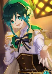 Rule 34 | 1boy, :d, alcohol, artist name, beer, belt, beret, black belt, blue hair, bodice, bow, braid, cape, center frills, collared shirt, commentary, cup, drinking glass, eyebrows hidden by hair, flower, frilled sleeves, frills, genshin impact, gradient hair, green cape, green eyes, green hair, green hat, hair between eyes, hat, hat flower, highres, holding, holding cup, indoors, kna illustrations, leaf, long sleeves, looking at viewer, male focus, multicolored hair, open mouth, puffy long sleeves, puffy sleeves, reaching, reaching towards viewer, shirt, short hair with long locks, sidelocks, smile, solo, standing, striped, striped bow, teeth, twin braids, upper body, upper teeth only, venti (genshin impact), vision (genshin impact), white shirt, window, wine glass