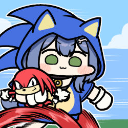 Rule 34 | 1girl, :3, alternate hair color, blue hair, bone hair ornament, closed mouth, cloud, commentary request, crossover, furry, furry male, green eyes, hair ornament, hololive, inugami korone, inugami korone (sonikoro), jazz jack, knuckles the echidna, looking at viewer, lowres, outdoors, running, solo, sonic (series), sonic the hedgehog, sonic the hedgehog (classic), sonic the hedgehog 1, v-shaped eyebrows, virtual youtuber