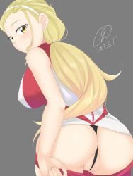 Rule 34 | 10s, 1girl, 2017, 9rimson, ass, bangs pinned back, bare arms, bare shoulders, black panties, blonde hair, blush, breasts, cleft of venus, clothes pull, covered erect nipples, cowboy shot, dated, from behind, girls und panzer, grey background, hairband, highres, impossible clothes, impossible shirt, large breasts, light smile, long hair, looking at viewer, looking back, panties, partially visible vulva, ponytail, pulled by self, pussy juice, red shorts, sasaki akebi, self exposure, shirt, shorts, shorts pull, signature, simple background, solo, standing, thong, uncensored, underwear, wedgie, white hairband, yellow eyes