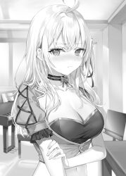 Rule 34 | 1girl, 3:, absurdres, ahoge, alisa mikhailovna kujou, arm under breasts, blush, bow choker, breasts, buttons, choker, cleavage, closed mouth, collarbone, crop top, cropped jacket, embarrassed, framed breasts, frilled sleeves, frills, frown, greyscale, highres, idol, large breasts, long hair, looking at viewer, midriff, momoko (momopoco), monochrome, navel, nose blush, novel illustration, official art, shirt, short sleeves, solo, stomach, tokidoki bosotto roshia-go de dereru tonari no arya-san, upper body, v-shaped eyebrows