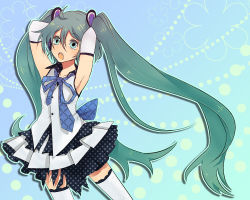 Rule 34 | :o, aqua eyes, armpits, bad id, bad pixiv id, dadami, elbow gloves, gloves, green hair, hatsune miku, long hair, necktie, open mouth, skirt, solo, thighhighs, twintails, very long hair, vocaloid, white thighhighs