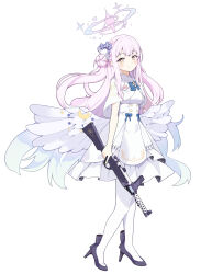 Rule 34 | 1girl, black footwear, blue archive, blue bow, blush, bow, breasts, brown eyes, capelet, closed mouth, commentary request, dress, feathered wings, gun, hair bun, halo, high heels, highres, holding, holding gun, holding weapon, korean commentary, lanchester smg, long hair, looking at viewer, low wings, medium breasts, mika (blue archive), pantyhose, pink hair, shoes, simple background, single side bun, smile, solo, sprout (haji s), submachine gun, very long hair, weapon, white background, white capelet, white dress, white pantyhose, white wings, wings