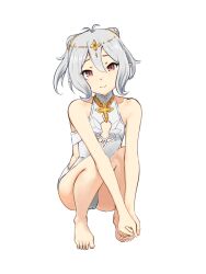Rule 34 | 1girl, barefoot, brown eyes, circlet, cleavage cutout, clothing cutout, commentary request, cone hair bun, double bun, flat chest, full body, grey hair, hair bun, highres, kokkoro (ceremonial) (princess connect!), kokkoro (princess connect!), leotard, pointy ears, princess connect!, shin (shincrz), smile, solo, squatting cowgirl position, white leotard