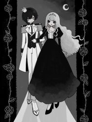 Rule 34 | 1boy, 1girl, asymmetrical hair, bishounen, black border, black dress, black eyes, black footwear, black shirt, border, commentary, crescent moon, dress, epaulettes, eye contact, flower, fusigi nano, grey background, hand on own chest, hand up, highres, long hair, long sleeves, looking at another, monochrome, moon, original, pants, princess, puffy long sleeves, puffy sleeves, ribbon, shirt, short hair, smile, standing, symbol-only commentary, white dress, white eyes, white footwear, white pants, white ribbon