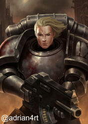 Rule 34 | 1boy, absurdres, adrian4rt, armor, artist name, blonde hair, blood, blood angels, blood on armor, blood splatter, blue eyes, bolter, breastplate, closed mouth, commentary, commission, couter, crotch plate, cuirass, english commentary, gauntlets, grey armor, gun, highres, holding, holding gun, holding weapon, leg armor, looking to the side, male focus, medium hair, outdoors, pauldrons, pelvic curtain, power armor, rerebrace, shoulder armor, smoke, solo, straight-on, warhammer 40k, weapon