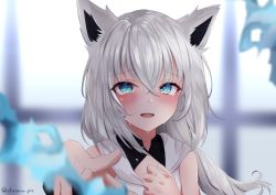 Rule 34 | 1girl, animal ears, bare shoulders, blue eyes, blush, commentary request, crying, fox ears, fox girl, hair between eyes, highres, hololive, long hair, shirakami fubuki, shirakami fubuki (1st costume), shirokumo chromu, silver hair, solo, tears, virtual youtuber