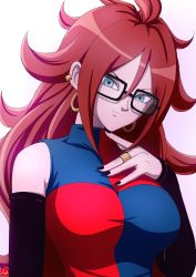 Rule 34 | 1girl, android 21, black-framed eyewear, black nails, black sleeves, blue eyes, breasts, brown hair, checkered clothes, checkered dress, chris re5, curly hair, detached sleeves, dragon ball, dragon ball fighterz, dress, earrings, glasses, highres, hoop earrings, jewelry, large breasts, long hair, looking at viewer, nail polish, rectangular eyewear, sleeveless, sleeveless dress, solo, upper body