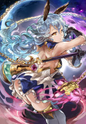 Rule 34 | 10s, 1girl, animal ears, ass, back, bad anatomy, bare back, black gloves, blue hair, breasts, cape, chain, erune, eyebrows, eyelashes, ferry (granblue fantasy), fire, frills, gem, gloves, granblue fantasy, hair between eyes, himuro shunsuke, holding, holding weapon, light smile, long hair, looking at viewer, looking back, moon, poorly drawn, rabbit ears, sideboob, sky, sleeveless, small breasts, solo, thighhighs, wavy hair, weapon, yellow eyes