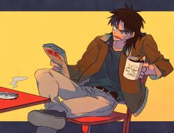 Rule 34 | 1boy, absurdres, ashtray, belt, black belt, black eyes, black footwear, black hair, black shirt, bomber jacket, brown jacket, chair, coffee, coffee mug, commentary request, cup, facial scar, figure four sitting, foot out of frame, grey pants, highres, holding, holding cup, holding newspaper, inudori, itou kaiji, jacket, kaiji, long hair, long sleeves, male focus, medium bangs, mug, newspaper, open clothes, open jacket, open mouth, pants, rolled up newspaper, scar, scar on cheek, scar on face, shirt, shoe soles, shoes, solo, table, teeth, yellow background