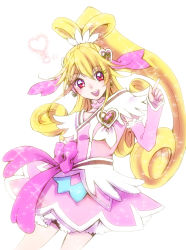 Rule 34 | 1girl, aida mana, arm warmers, asymmetrical clothes, blonde hair, bow, brooch, choker, cure heart, curly hair, detached sleeves, dokidoki! precure, dress, earrings, fingerless gloves, gloves, hair ornament, half updo, happy, heart, heart brooch, highres, jewelry, long hair, looking at viewer, magical girl, nanamako, open mouth, pink bow, pink dress, pink eyes, pink skirt, ponytail, precure, ribbon, skirt, solo, sparkle