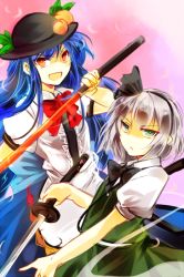 Rule 34 | &gt;:d, &gt;:o, 2girls, :d, :o, black bow, black bowtie, black ribbon, bow, bowtie, buttons, food, frills, fruit, hair ribbon, hairband, hat, hinanawi tenshi, katana, konpaku youmu, kutsuki kai, leaf, looking at viewer, multiple girls, open mouth, peach, puffy short sleeves, puffy sleeves, rainbow gradient, rainbow order, red bow, red bowtie, ribbon, shaded face, shirt, short sleeves, skirt, skirt set, smile, sword, sword of hisou, touhou, tsurime, upper body, v-shaped eyebrows, vest, weapon, white shirt