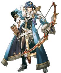 Rule 34 | 1boy, arrow (projectile), belt, blue eyes, blue hair, boots, bow (weapon), chrom (fire emblem), fire emblem, fire emblem awakening, fire emblem heroes, full body, fur trim, gloves, highres, hino shinnosuke, male focus, nintendo, official alternate costume, official art, quiver, solo, tiara, transparent background, weapon
