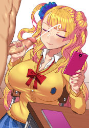 Rule 34 | 1boy, 1girl, blonde hair, blush, breasts, cellphone, censored, chair, closed eyes, closed mouth, clothed female nude male, covered erect nipples, cum, desk, earrings, ejaculation, galko, hair bun, handjob, jewelry, large breasts, long hair, long sleeves, nail polish, nt00, nude, oshiete! galko-chan, penis, phone, pleated skirt, school uniform, side ponytail, single hair bun, sitting, skirt, smartphone