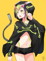 Rule 34 | 10s, 1girl, 2012, android, bad id, bad pixiv id, bike shorts, black hair, cable, cable tail, cape, cloak, cowboy shot, dated, dimension w, green eyes, green hair, headgear, hood, hooded cloak, hoodie, kenkaizar, looking to the side, matching hair/eyes, mechanical tail, multicolored hair, navel, open mouth, orange background, plug, short hair, shorts, signature, solo, standing, streaked hair, tail, tattoo, two-tone hair, yellow background, yurizaki mira