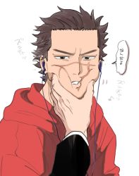 Rule 34 | 1boy, alternate costume, brown eyes, brown hair, casual, cheek bulge, cheek squash, facial scar, golden kamuy, hand on another&#039;s chin, highres, hood, hoodie, long sleeves, looking at viewer, male focus, no headwear, pov, red hoodie, scar, scar on cheek, scar on face, scar on mouth, scar on nose, short hair, simple background, solo focus, spiked hair, sugimoto saichi, tonta (tonta1231), translation request