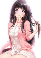 Rule 34 | 1girl, 3:, artist name, black hair, cardigan, chitanda eru, dress, hair tie in mouth, holding, holding own hair, hyouka, jewelry, long hair, mery (yangmalgage), mouth hold, necklace, purple eyes, scrunchie, signature, sitting, solo, white dress