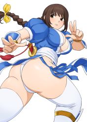 Rule 34 | 1girl, ass, blush, bow, braid, braided ponytail, breasts, brown eyes, brown hair, cleavage, commentary request, dead or alive, from behind, highres, japanese clothes, kasumi (doa), lips, long hair, looking back, medium breasts, ninja, no bra, panties, parted lips, pelvic curtain, puffy sleeves, shigenobu, shiny skin, short sleeves, simple background, single braid, solo, sword, tecmo, thighhighs, thighs, twisted torso, underwear, weapon, weapon on back, white background, white panties, white thighhighs, yellow bow