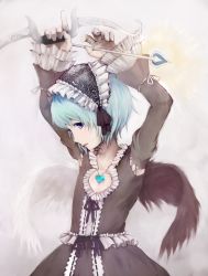 Rule 34 | 1boy, androgynous, angel wings, arrow (projectile), blue eyes, blue hair, bow (weapon), cave (developer), child, deathsmiles, dress, goth fashion, gothic lolita, heart, highres, jewelry, lolita fashion, male focus, matching hair/eyes, necklace, rei (deathsmiles), short hair, solo, trap, weapon, wings