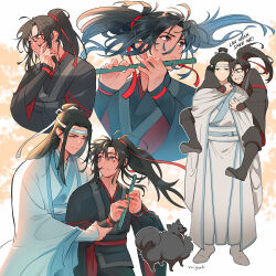 Rule 34 | 2boys, artist name, black footwear, black hair, black hanfu, blush, boots, chinese clothes, clenched teeth, closed mouth, commentary, dizi, dog, dot mouth, english commentary, english text, flute, full body, hair ribbon, hand on own chin, hanfu, headband, high ponytail, holding another&#039;s wrist, instrument, lan wangji, long hair, long sleeves, looking at another, male focus, miyuli, modao zushi, multicolored eyes, multiple boys, multiple views, pants, playing flute, red ribbon, ribbon, sash, scared, simple background, standing, sweatdrop, teeth, thinking, transverse flute, upper body, wei wuxian, white footwear, white hanfu, white headband, white pants, wide sleeves, wind, wind lift