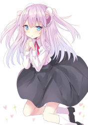 Rule 34 | 1girl, aged down, black footwear, black skirt, blue eyes, blush, chiyoda momo, closed mouth, collared shirt, commentary request, dress shirt, hair between eyes, hair ornament, hands up, heart, highres, hizaka, loafers, long hair, long sleeves, looking at viewer, machikado mazoku, neck ribbon, own hands clasped, own hands together, pleated skirt, purple hair, red ribbon, ribbon, shirt, shoes, simple background, skirt, socks, solo, sparkle, two side up, very long hair, white background, white shirt, white socks
