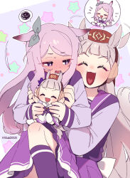 Rule 34 | 2girls, ^ ^, afterimage, animal ears, blush, brown headwear, character doll, closed eyes, doll, ear wiggle, ears down, embarrassed, full-face blush, ggubii0225, gold ship (umamusume), grey hair, hat, heart, heart in mouth, highres, holding, holding doll, horse ears, horse girl, horse tail, kneehighs, lifting person, long hair, long sleeves, looking at another, mejiro mcqueen (umamusume), motion lines, multiple girls, purple hair, purple shirt, purple skirt, purple socks, school uniform, shirt, skirt, socks, spoken character, spoken squiggle, squiggle, star (symbol), sweatdrop, tail, tracen school uniform, twitter username, umamusume