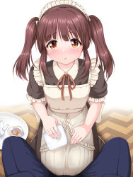 Rule 34 | 1boy, 1girl, alternate costume, apron, black dress, blue pants, blush, brown eyes, brown hair, brown ribbon, commentary request, cup, dress, enmaided, fingernails, frilled sleeves, frills, handkerchief, highres, holding, idolmaster, idolmaster cinderella girls, long hair, looking at viewer, maid, maid apron, maid headdress, neck ribbon, ogata chieri, pants, parted lips, pov, ribbon, saucer, short sleeves, solo focus, spill, teacup, teapot, tears, tray, twintails, u2 (5798239), white apron, white background