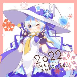 Rule 34 | 1girl, 2022, blue eyes, blue hair, bow, cloak, commentary, dera fury, double v, dress, fingerless gloves, gloves, grin, hair ribbon, hat, hat bow, hatsune miku, highres, kotoyoro, large hat, layered dress, light blue hair, long hair, looking at viewer, magical girl, nail polish, new year, one eye closed, purple gloves, purple nails, purple ribbon, ribbon, sleeveless, sleeveless dress, smile, snowflake ornament, snowflakes, solo, standing, translated, twintails, upper body, v, very long hair, vocaloid, white background, white cloak, white dress, white hat, witch hat, yuki miku, yuki miku (2014)