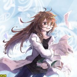 Rule 34 | 1girl, :o, ashgray, black shirt, blue background, book, brown eyes, brown hair, cowboy shot, denim, dropping, glasses, holding, holding book, jeans, lab coat, long hair, messy hair, official art, omc, pants, papers, shirt, solo, standing, very long hair, watermark