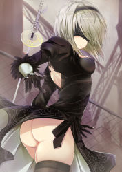 Rule 34 | 1girl, ass, black dress, black gloves, black thighhighs, blindfold, breasts, dress, from side, gloves, hairband, mole, mole under mouth, nekoyaso, nier (series), nier:automata, no panties, puffy sleeves, short hair, silver hair, solo, sword, thighhighs, thighs, weapon, 2b (nier:automata)