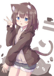 Rule 34 | 1girl, :d, absurdres, animal ear fluff, animal ears, blue eyes, blue shorts, blush, brown hair, brown jacket, cat ears, cat girl, cat tail, collared shirt, colon br, cowboy shot, cup, drawstring, dutch angle, hair between eyes, hair ornament, hairclip, hand up, highres, hood, hood down, hooded jacket, jacket, layered clothes, legs together, medium hair, open clothes, open jacket, open mouth, original, raised eyebrows, shirt, short shorts, shorts, sidelocks, smile, solo, sweater, tail, thighs, v, white shirt, white sweater