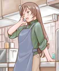 Rule 34 | 00s, 1girl, apron, blush, brown eyes, brown hair, casual, cellphone, female focus, indoors, kitchen, long hair, aged up, phone, rozen maiden, sleeves rolled up, solo, suiseiseki, talking on phone, tsuda nanafushi, wink