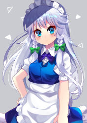 Rule 34 | 1girl, absurdres, alternate hair length, alternate hairstyle, apron, blue dress, blue eyes, blush, bow, braid, breasts, closed mouth, commentary request, cowboy shot, dress, expressionless, green bow, grey background, hand on own hip, highres, izayoi sakuya, long hair, looking at viewer, maid headdress, medium breasts, side braids, silver hair, simple background, solo, touhou, twin braids, very long hair, waist apron, yuujin (yuzinn333)