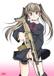 Rule 34 | 1girl, amraam120c, assault rifle, brown eyes, brown hair, clothes lift, fn scar, gun, long hair, miniskirt, pleated skirt, ribbon, rifle, scar-l, school uniform, simple background, skirt, skirt lift, smile, socks, solo, standing, twintails, weapon, wind, wind lift
