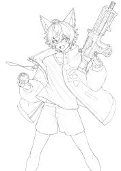 Rule 34 | 1boy, absurdres, ahoge, animal ears, bishounen, character request, copyright request, cowboy shot, gun, hand up, highres, jacket, male focus, monochrome, shorts, simple background, sketch, socks, solo, virtual youtuber, weapon, white background, yusa (usa kotobuki)