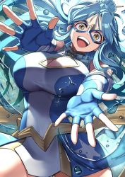 Rule 34 | 1girl, attack, blue gloves, blue hair, breasts, cleavage, commentary, domino mask, elbow gloves, element bending, english commentary, fingerless gloves, foreshortening, fujioka yatsufusa, gloves, highres, japanese clothes, kamen america (comic), kamen ramen, large breasts, mask, open hands, open mouth, scarf, solo, superhero costume, uniform, water, water drop, yellow scarf