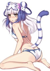 Rule 34 | 1girl, :o, animal ears, ass, bad id, bad twitter id, between legs, bikini, blunt bangs, breasts, cat ears, covered erect nipples, double bun, eyebrows, from behind, hair bun, hair ornament, hairpin, haku (p&amp;d), hand between legs, highres, looking at viewer, looking back, open mouth, purple hair, puuzaki puuna, puzzle &amp; dragons, simple background, sitting, small breasts, soles, solo, swimsuit, toes, tsurime, two-tone background, wariza, white background, white bikini, white hair