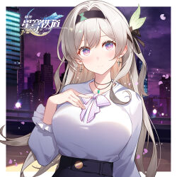 Rule 34 | 1girl, alternate costume, black hairband, breasts, choker, city, commentary, copyright name, firefly (honkai: star rail), grey hair, hair intakes, hairband, hand on own chest, honkai: star rail, honkai (series), large breasts, long sleeves, night, night sky, shirt, sky, solo, upper body, white shirt, xion32