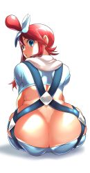 Rule 34 | 1girl, absurdres, ass, back, bangs, blue eyes, blue shirt, breasts, bursting breasts, butt crack, creatures (company), crop top, eyebrows visible through hair, eyelashes, from behind, full body, game freak, gym leader, hair bun, hair ornament, harness, highres, huge ass, kei (bekei), large breasts, looking back, nintendo, open mouth, pokemon, pokemon (game), pokemon bw, red hair, shadow, shiny, shiny skin, shirt, short hair with long locks, shoulder blades, sidelocks, simple background, sitting, skindentation, skyla (pokemon), solo, white background