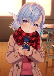 Rule 34 | 1girl, absurdres, animal ears, blue hair, blush, braid, breasts, brown coat, classroom, closed mouth, coat, elliot leucosia, enjo kouhai, fins, fish girl, gift, hair between eyes, hair ornament, hands up, head fins, head tilt, heart, highres, holding, holding gift, indoors, long sleeves, looking at viewer, monster girl, plaid, plaid scarf, red scarf, ribbon, scarf, short hair, smile, solo, takunomi, valentine