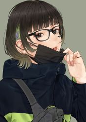 Rule 34 | 1girl, absurdres, bad id, bad pixiv id, black jacket, bob cut, brown eyes, brown hair, colored inner hair, earrings, glasses, green background, highres, hood, hooded jacket, jacket, jewelry, long sleeves, mask, mole, mole under mouth, mouth mask, multicolored hair, nail polish, original, ring, saitou (lynx-shrike), short hair, simple background, solo, unworn mask, yellow nails
